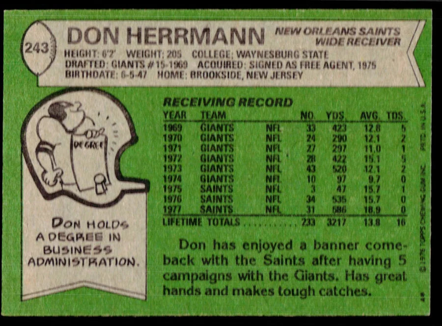 1978 Topps Don Herrmann Football Card #243