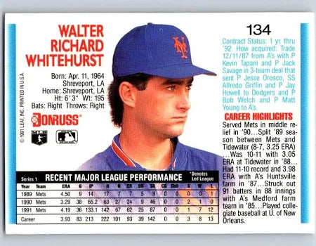 1992 Donruss Walter Richard Whitehurst Baseball Card #134