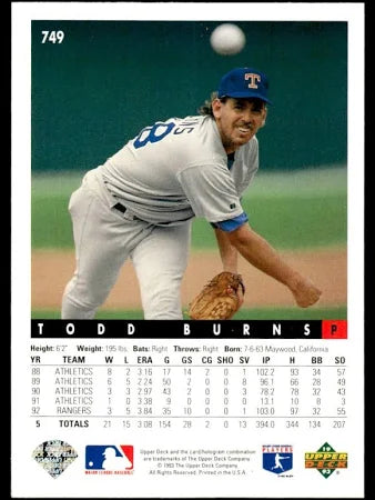 1993 Upper Deck Todd Burns Baseball Card #749