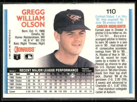 1992 Donruss Gregg William Olson Baseball Card #110