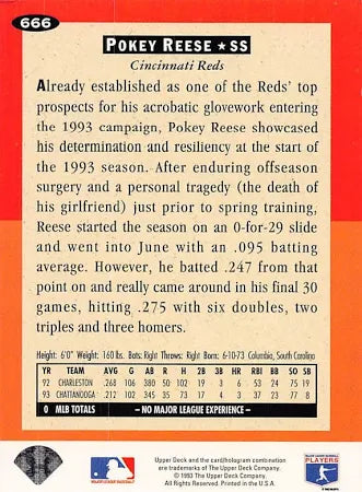 1993 Upper Deck Collectors Choice Rookie Class Pokey Reese Baseball Card #666