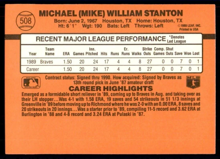 1990 Donruss Michael (Mike) William Stanton Baseball Card #508