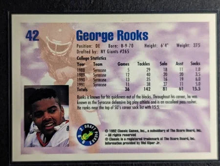 1992 Classic Draft Picks George Rooks Football Card #42