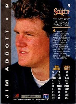1994 Score Select Jim Abbott Baseball Card #78