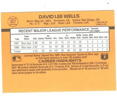 1989 Donruss David Lee Wells Baseball Card #307