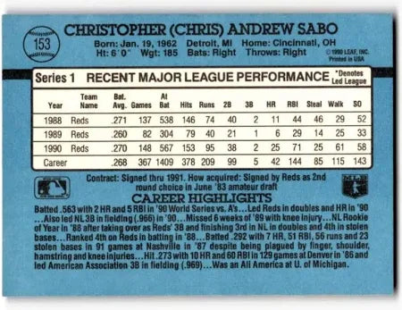1991 Donruss Christopher (Chris) Andrew Sabo Baseball Card #153