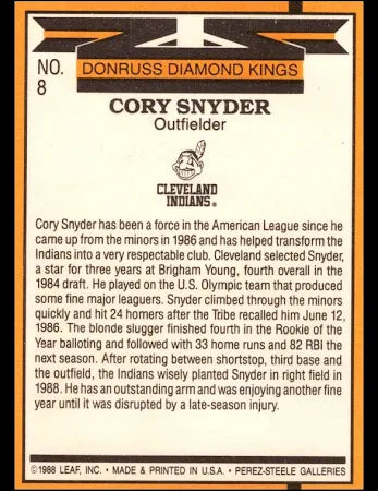 1988 Donruss Diamond Kings Cory Snyder Baseball Card #8