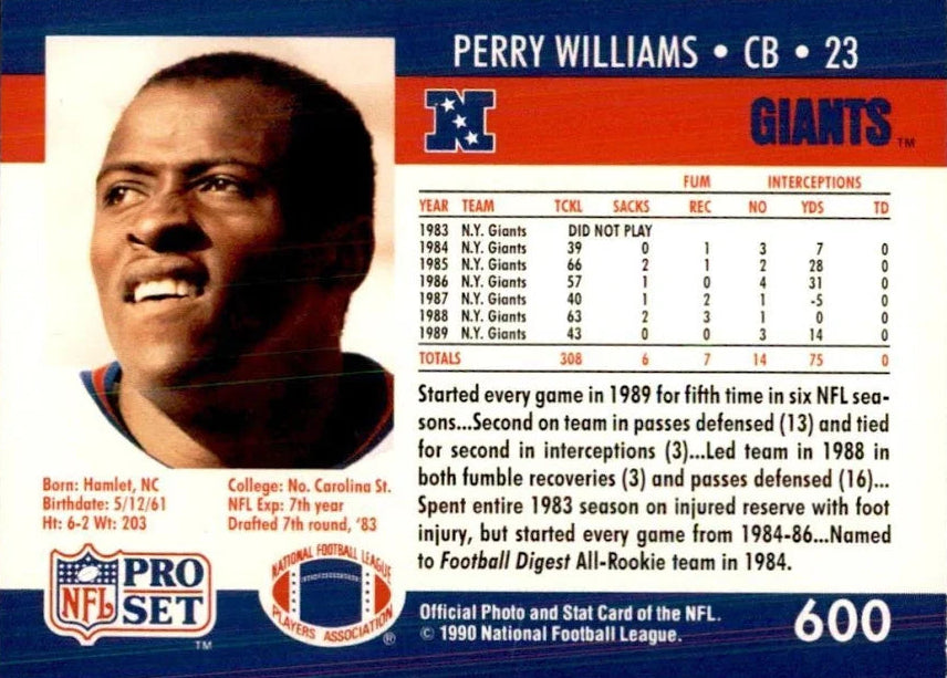 1990 NFL Pro Set Perry Williams Football Card #600