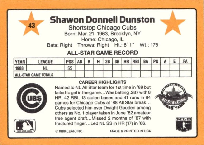 1989 Donruss Shawon Donnell Dunston Baseball Card #43
