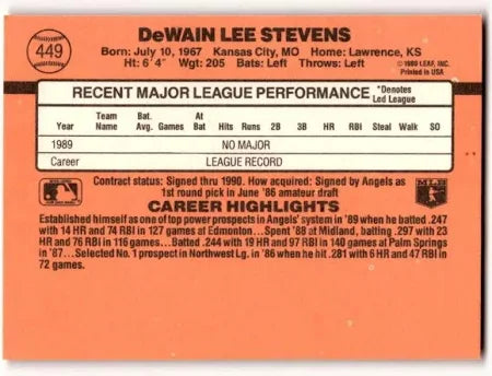 1990 Donruss DeWain Lee Stevens Baseball Card #449