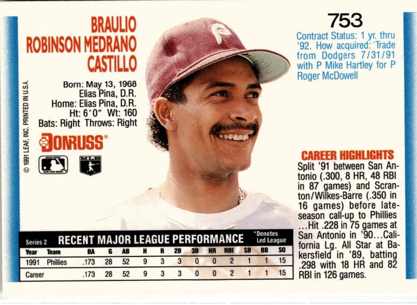 1992 Donruss Braulio Robinson Medrano Castillo Baseball Card #753