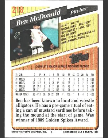 1993 Topps Ben McDonald Baseball Card #218