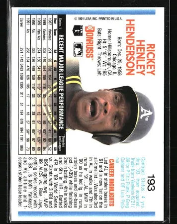 1992 Donruss Rickey Henley Henderson Baseball Card #193