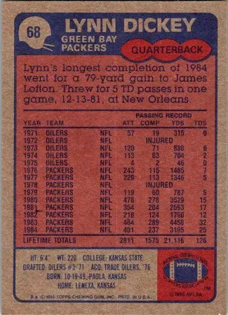 1985 Topps Lynn Dickey Football Card #68