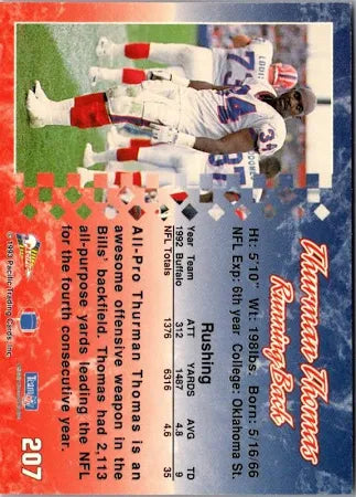 1993 Pacific Thurman Thomas Football Card #207