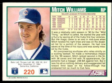 1991 Score Mitch Williams Baseball Card #220