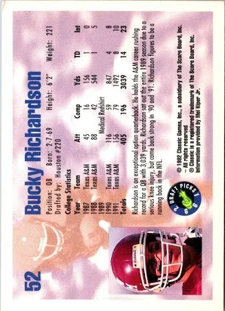 1992 Classic Draft Picks Bucky Richardson Football Card #52