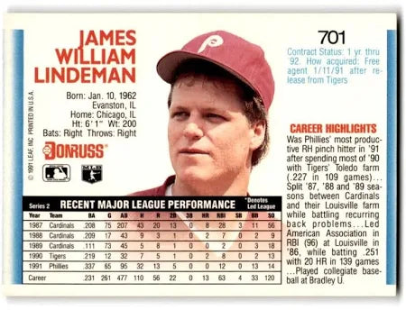 1992 Donruss James William Lindeman Baseball Card #701