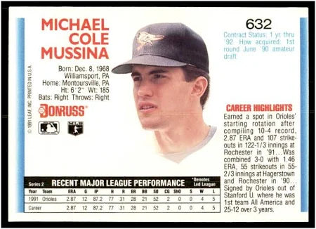 1992 Donruss Michael Cole Mussina Baseball Card #632