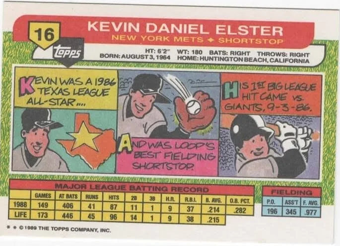 1989 Topps Kevin Daniel Elster Baseball Card #16