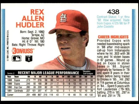 1992 Donruss Rex Allen Hudler Baseball Card #438