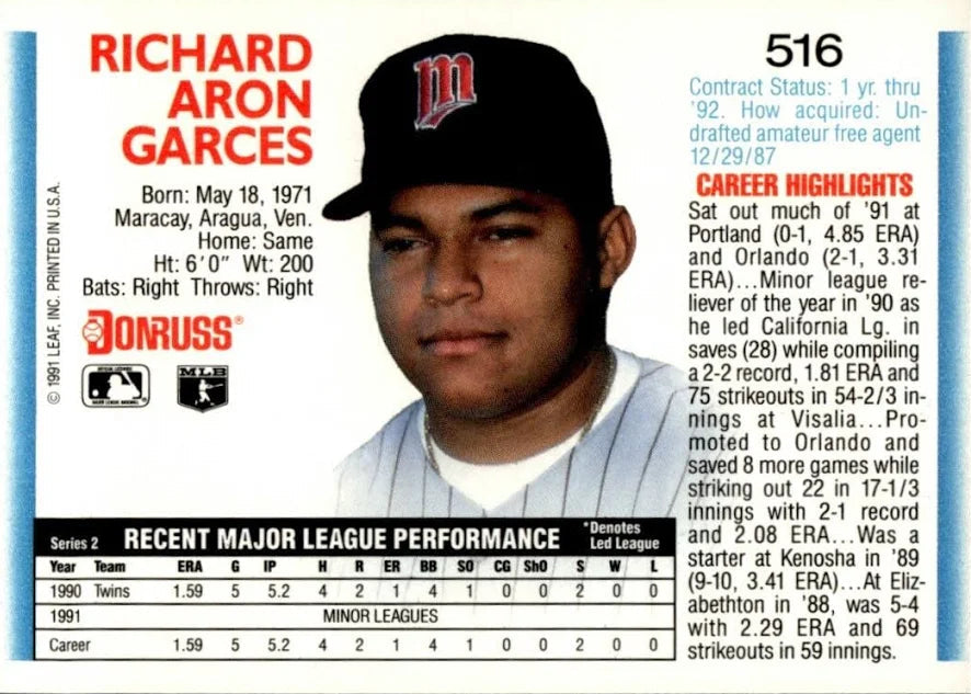 1992 Donruss Richard Aron Garces Baseball Card #516