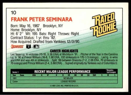 1992 Donruss Rated Rookie Frank Peter Seminara Baseball Card #10