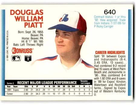 1992 Donruss Douglas William Piatt Baseball Card #640