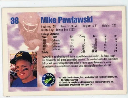1992 Classic Draft Picks Mike Pawlawski Football Card #36