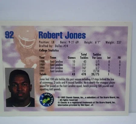1992 Classic Draft Picks Robert Jones Football Card #92