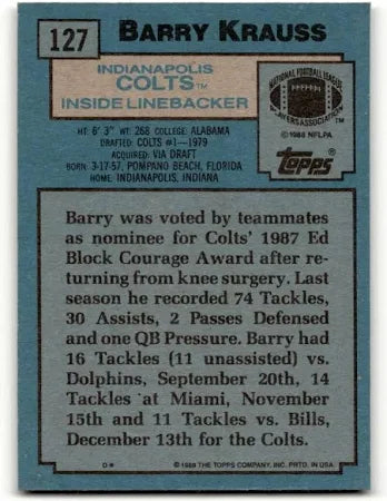 1988 Topps Barry Krauss Football Card #127