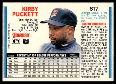 1992 Donruss Kirby Puckett Baseball Card #617