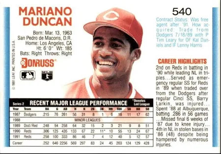 1992 Donruss Mariano Duncan Baseball Card #540