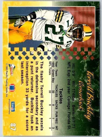 1993 Pacific Terrell Buckley Football Card #87