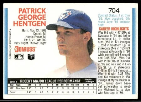 1992 Donruss Patrick George Hentgen Baseball Card #704