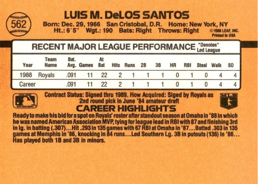 1989 Donruss Luis M. DeLOS Santos Baseball Card #562