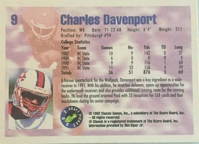 1992 Classic Draft Picks Charles Davenport Football Card #9