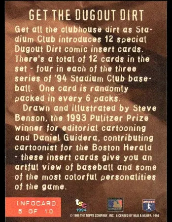 1994 Topps Stadium Club Get the Dugout Dirt Mike Piazza Baseball Card #5 of 10
