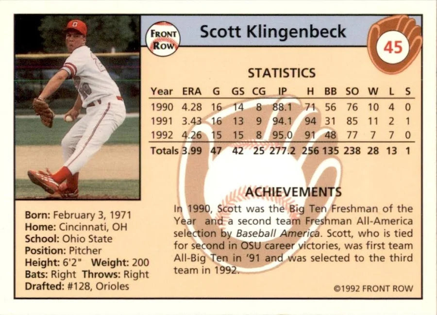 1992 Front Row Scott Klingenbeck Baseball Card #45