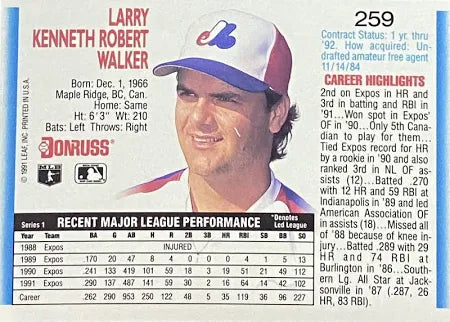 1992 Donruss Larry Kenneth Robert Walker Baseball Card #259