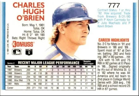 1992 Donruss Charles Hugh O'Brien Baseball Card #777