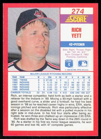 1990 Score Rich Yett Baseball Card #274