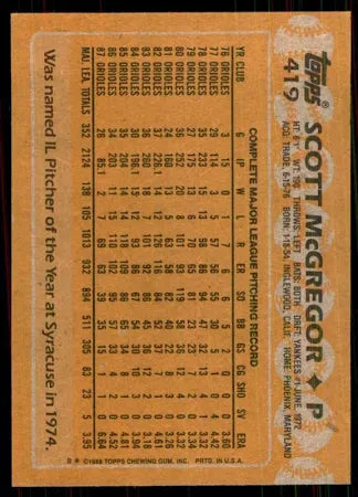 1988 Topps Scott McGregor Baseball Card #419