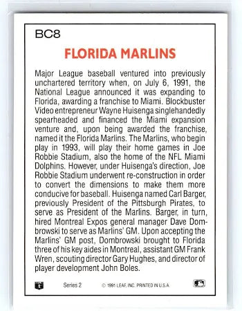 1991 Leaf Florida Marlins Series 2 Baseball Card #BC8