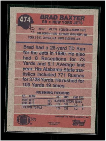 1991 Topps Brad Baxter Football Card #474