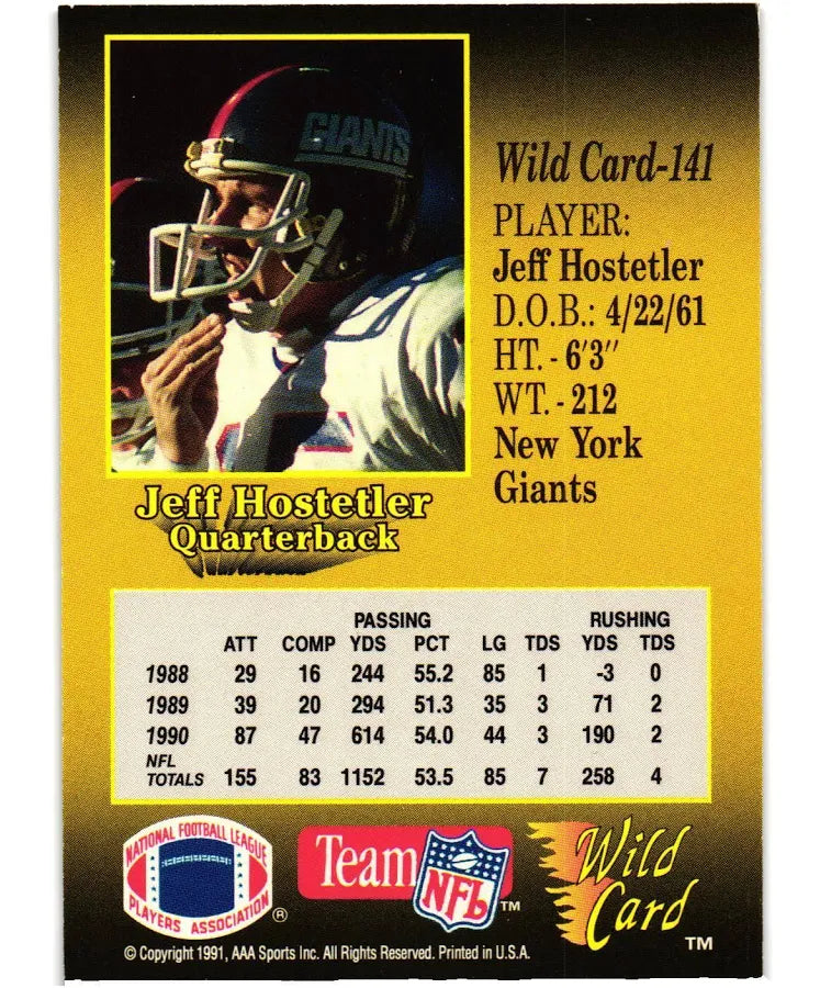 1991 AAA Sports Wild Card Jeff Hostetler Football Card #141