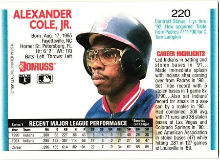 1992 Donruss Alexander Cole Jr. Baseball Card #220