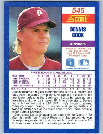 1990 Score Dennis Cook Baseball Card #545