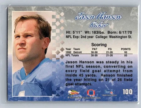 1992 Pacific Jason Hanson Football Card #100