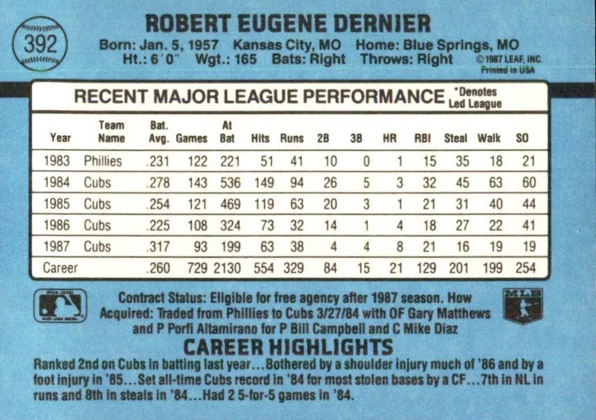 1988 Donruss Robert Eugene Dernier Baseball Card #392